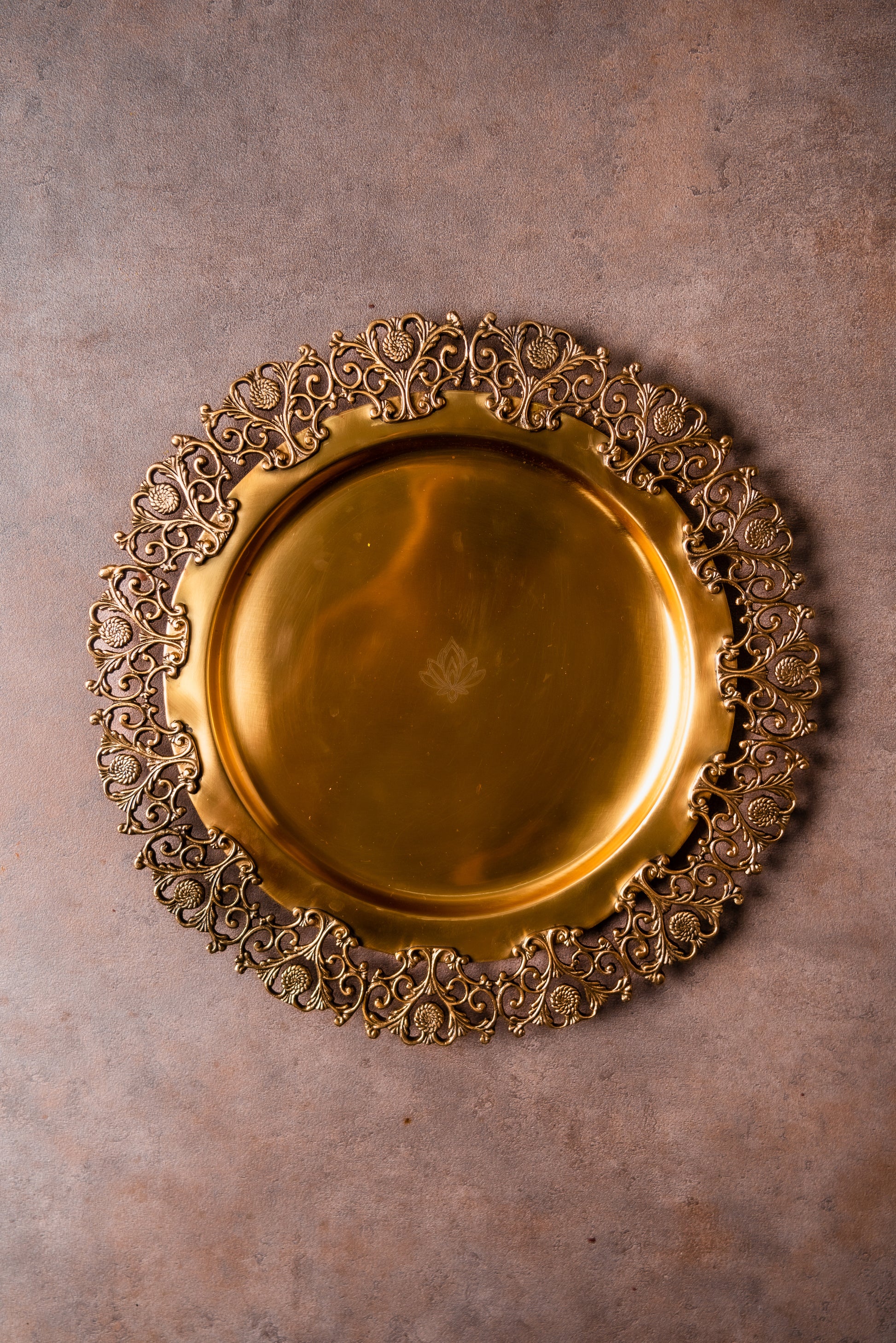 Brass Round Platter with Floral Border - TESU