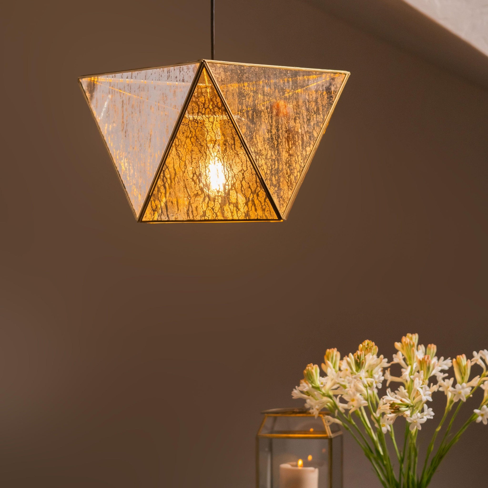 Chandni Broad Hexagon Mottled Glass Lamp - Antique Bronze - TESU