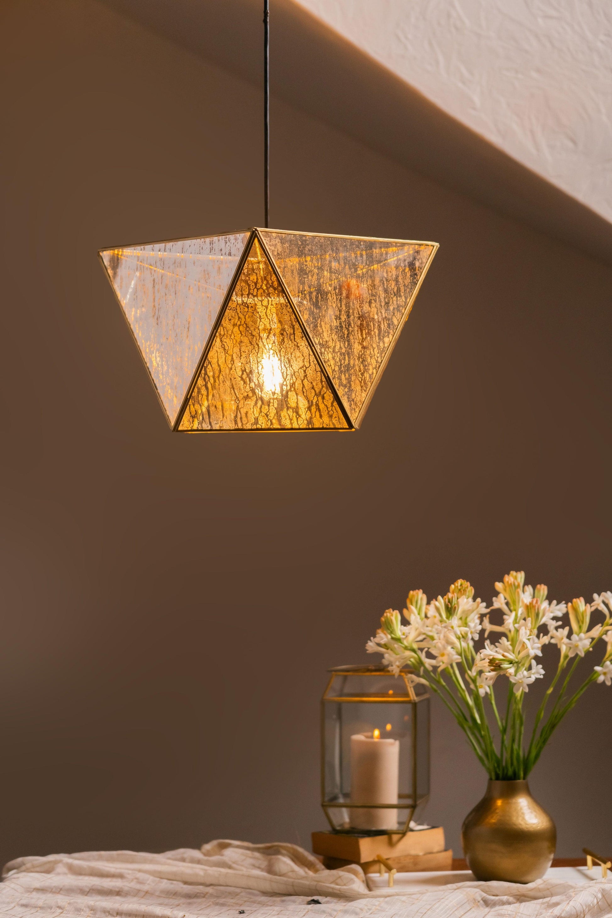 Chandni Broad Hexagon Mottled Glass Lamp - Antique Bronze - TESU