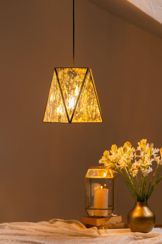 Chandni Narrow Hexagon Mottled Glass Lamp - Antique Bronze - TESU