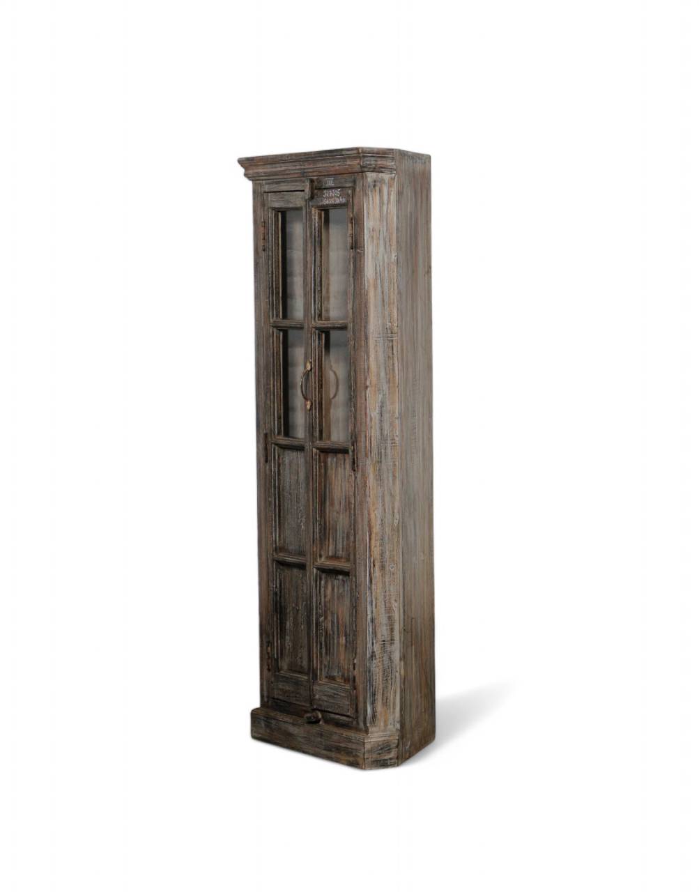 With its distressed finish, glass-paned door, and sustainable build, this corner cabinet is ideal for showcasing books, curios, crockery, or collectibles.