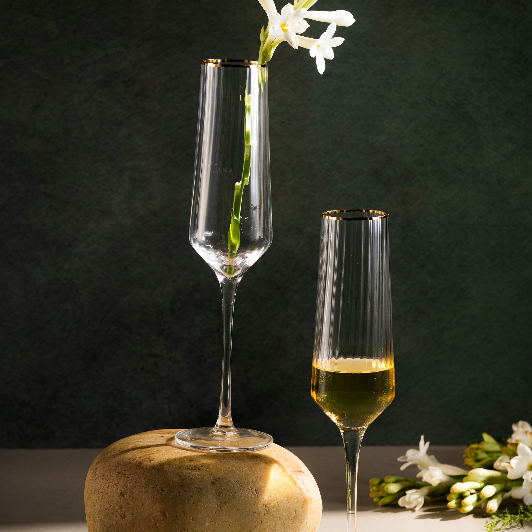 Clear Ribbed Champagne Glasses with Golden Rim Set of 6