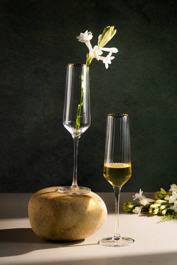 Clear Ribbed Champagne Glasses with Golden Rim Set of 6
