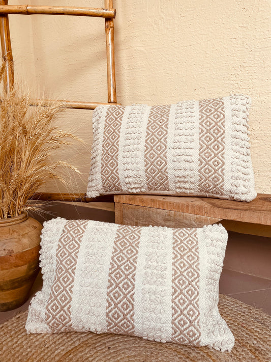 Bohemian Rectangle Natural Cotton Cushion Cover - Off White and Beige - TESU