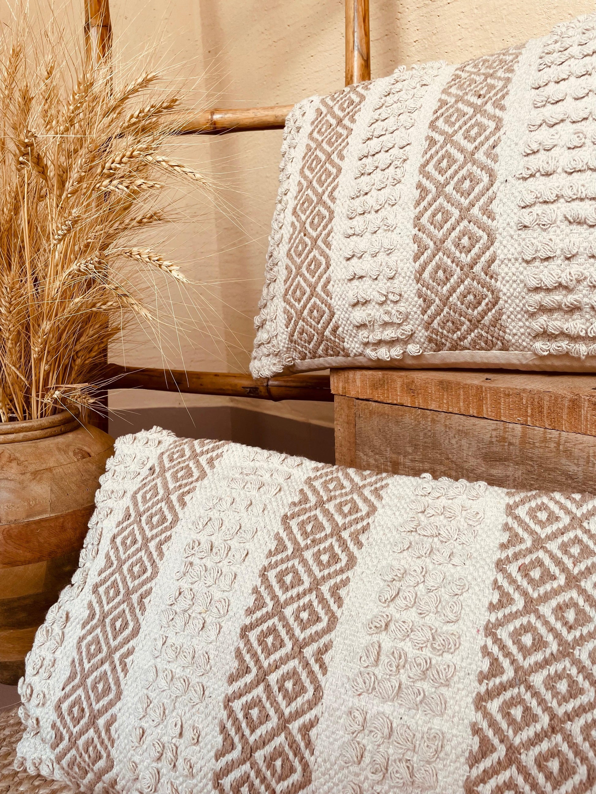 Bohemian Rectangle Natural Cotton Cushion Cover - Off White and Beige - TESU