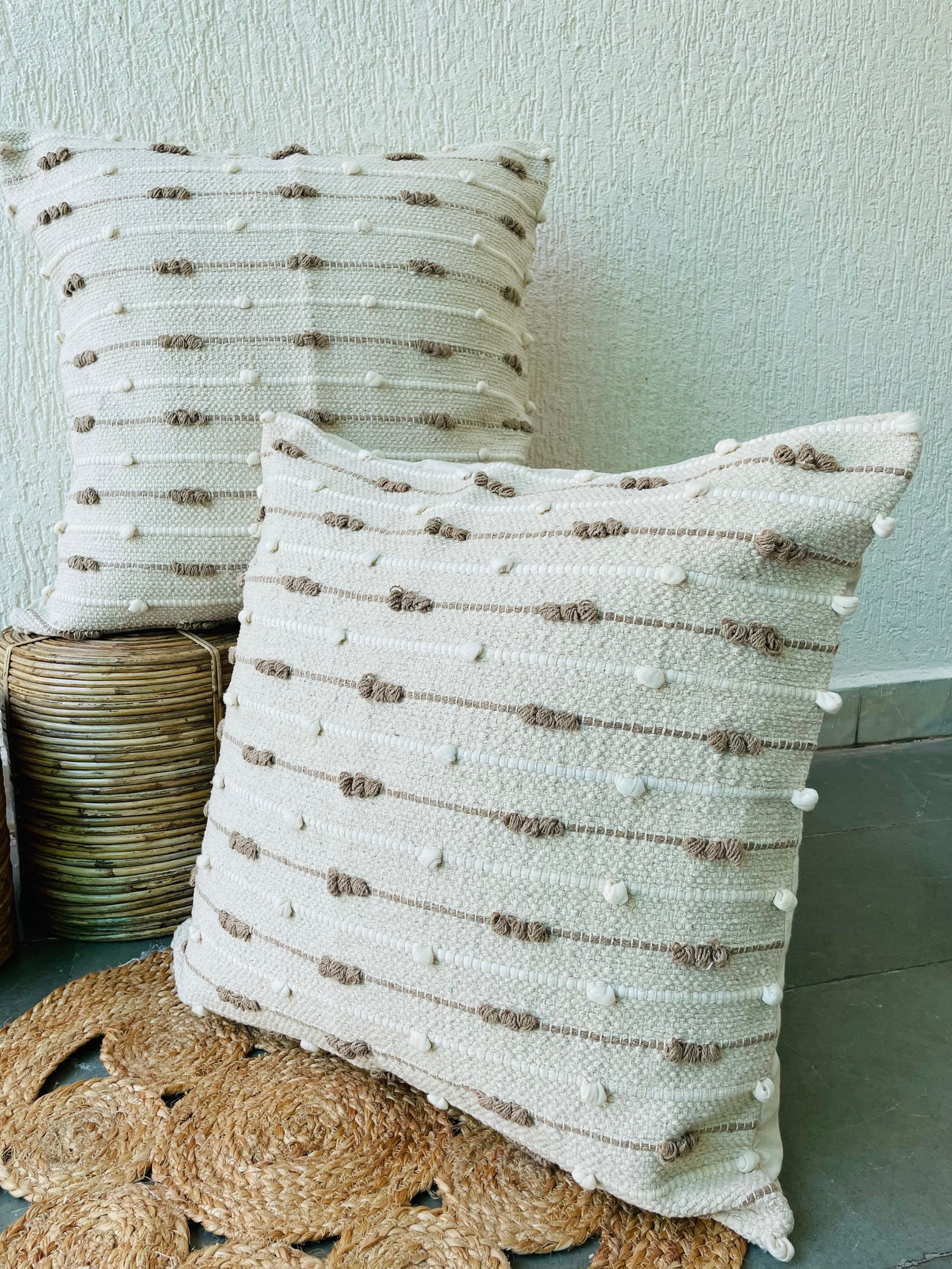 Bohemian  Natural Cotton Cushion Covers - Light Brown and White - TESU