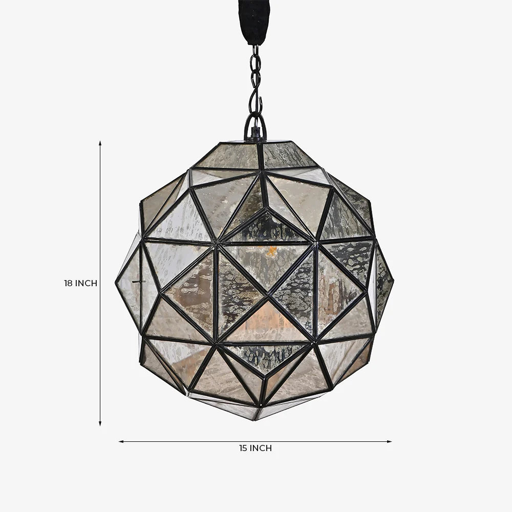 Geometric pendant light with dimensions on a white background