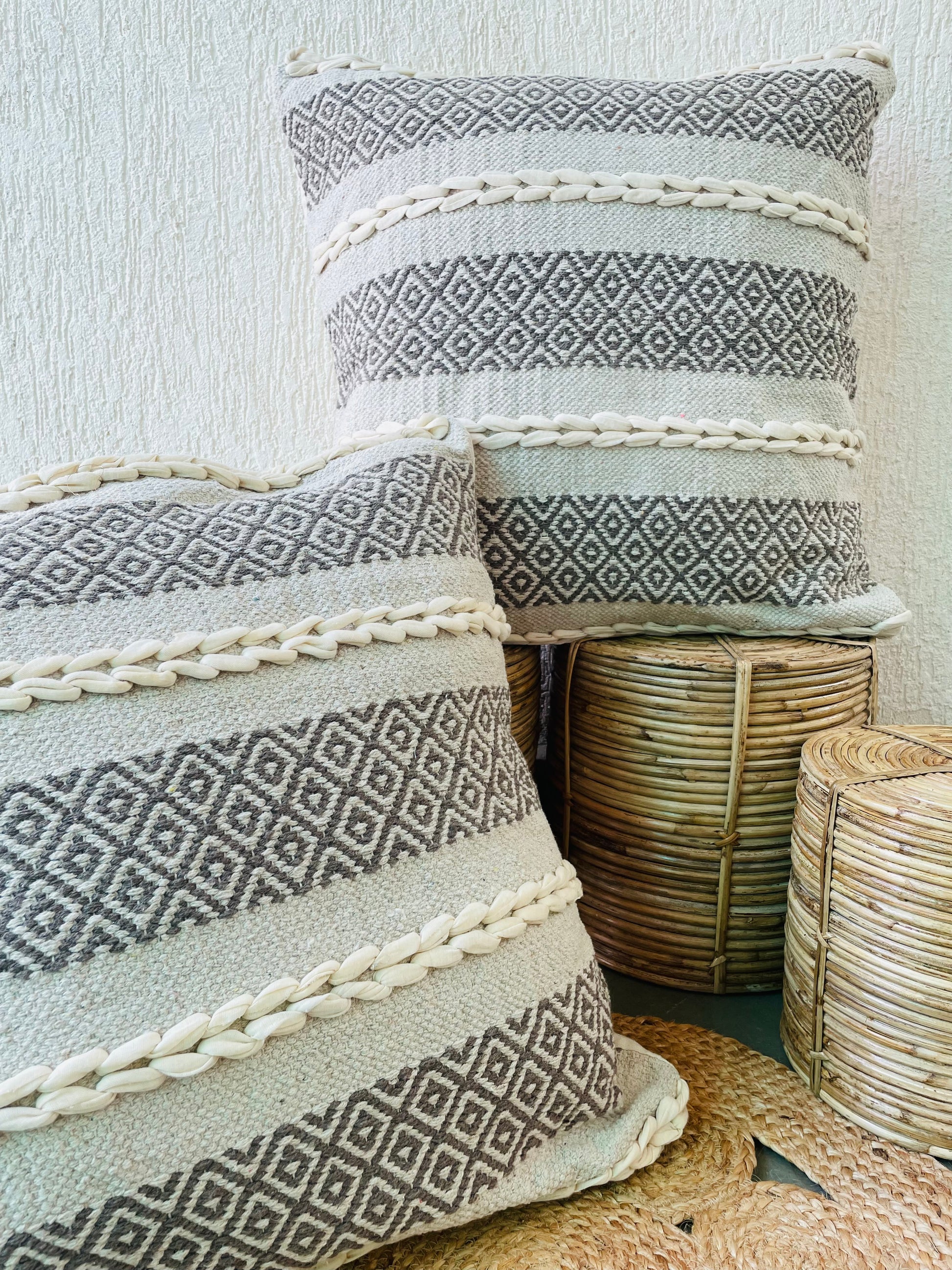 Bohemian Natural Cotton Cushion Covers - Grey and White - TESU