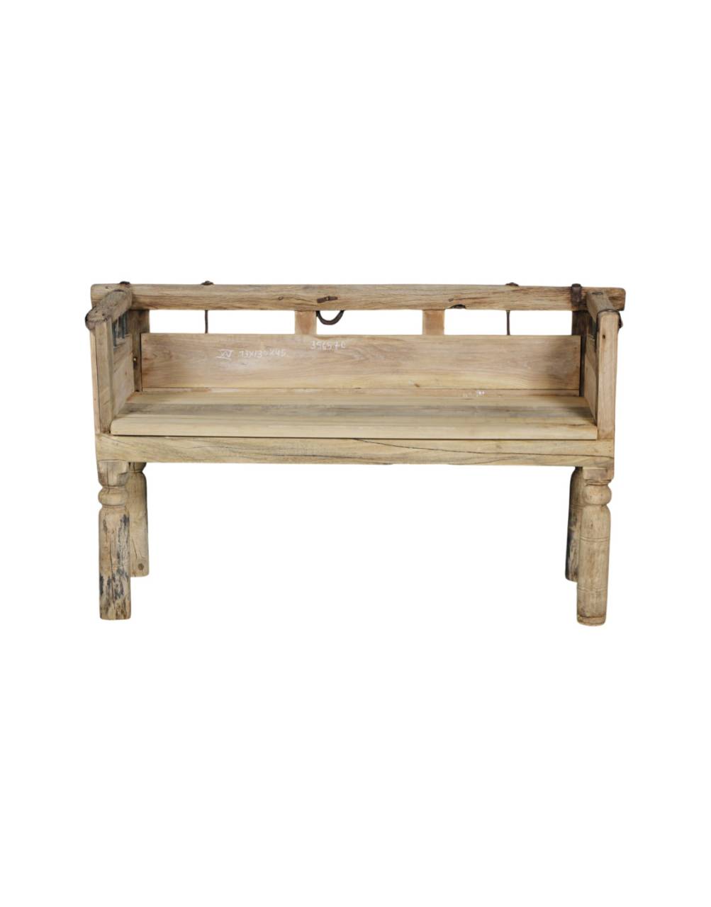A rustic light brown wooden bench with turned legs and a slatted backrest, shown against a plain white background.