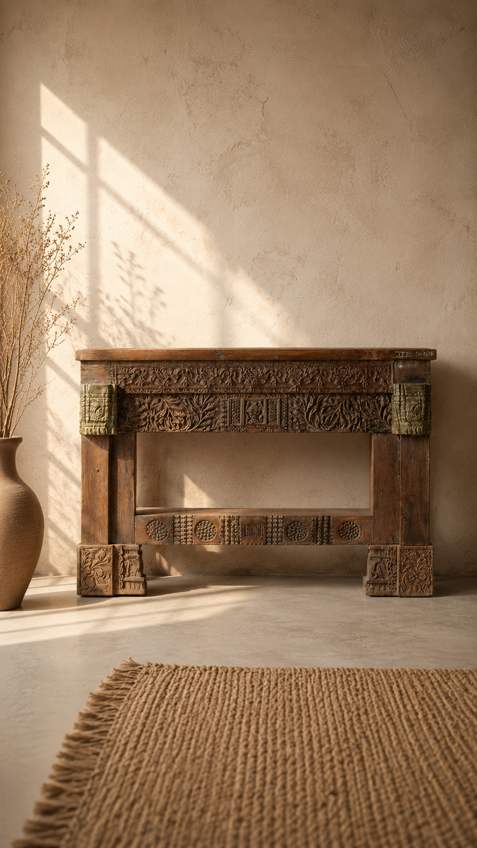 An ornate carved wooden console table with intricate detailing and weathered metal accents, set against a textured beige plaster wall with warm sunlight casting shadows.