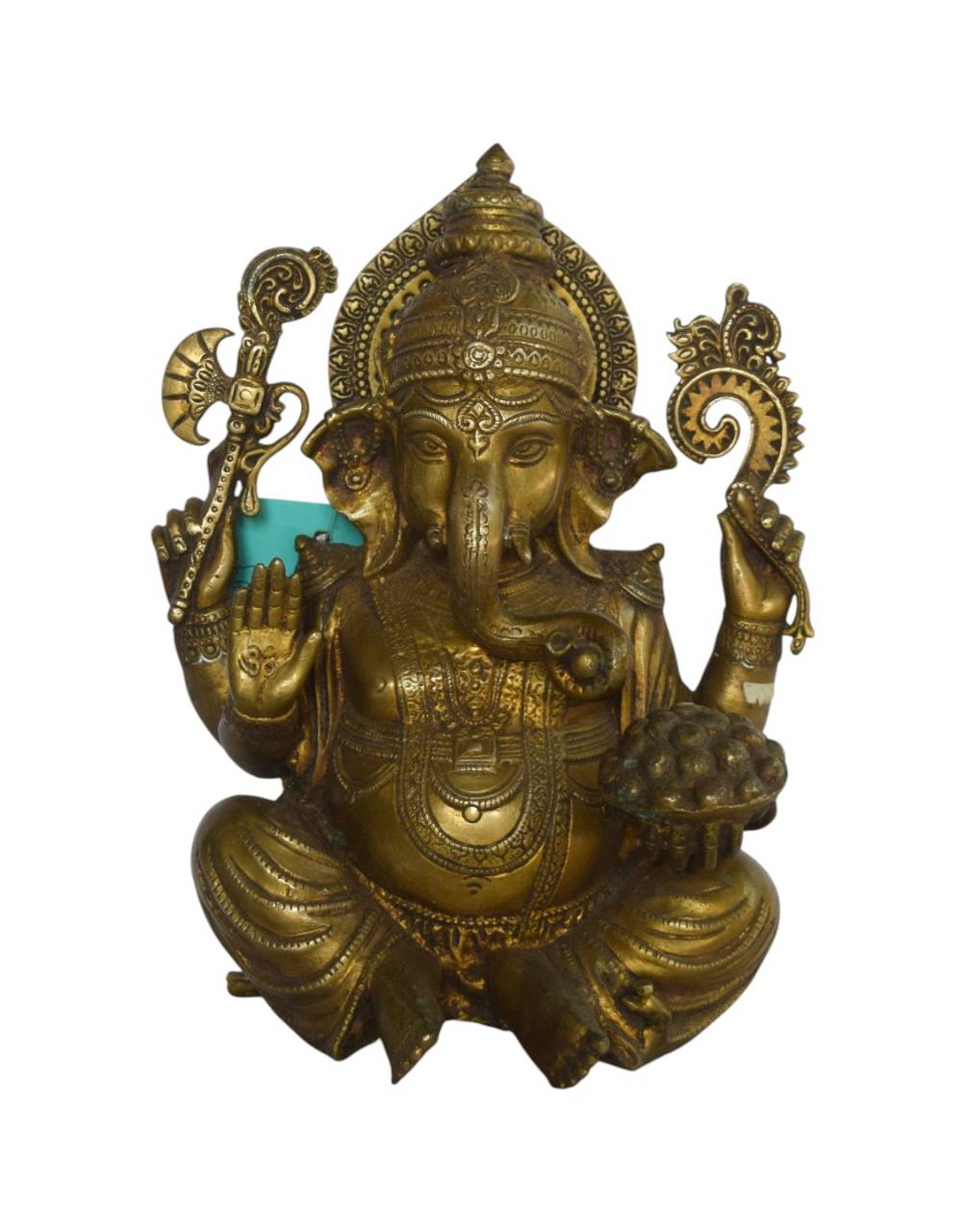 Handcrafted with intricate detailing, this beautiful idol shows Ganesha seated in a serene posture, holding his sacred weapons and a bowl of delicious modaks (sweets), symbolizing fulfillment and joy.