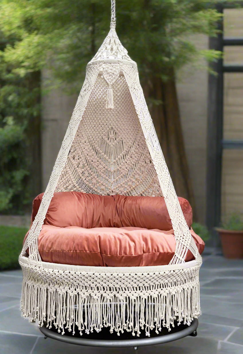 Handwoven with premium 100% cotton rope, this bohemian-inspired swing brings a touch of elegance and comfort to any indoor or outdoor setting.