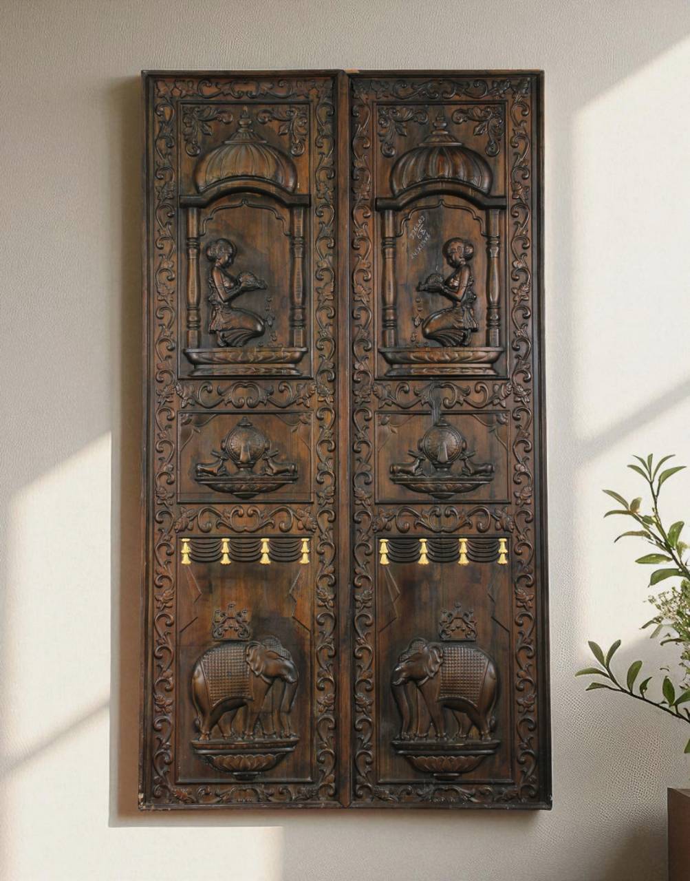 A tribute to royal processions and temple artistry, the Elephant Court Panel brings heritage to your walls.
Hand-carved from reclaimed wood, it celebrates tradition with timeless detail.