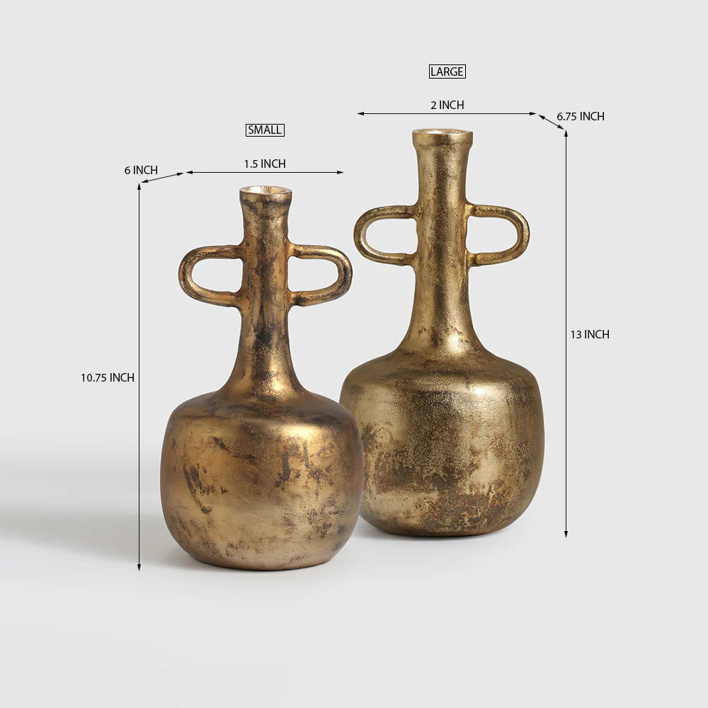 Two bronze vases with dimensions labeled on a white background
