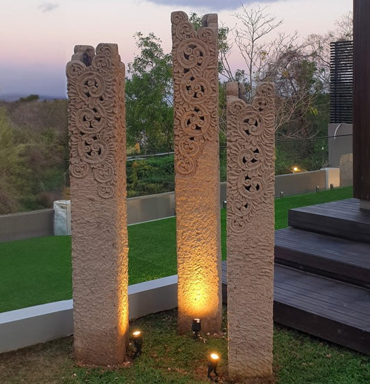 Enhance your architecture with our Floral Elegance Sandstone Column, crafted from premium Paras stone with intricate floral carvings.