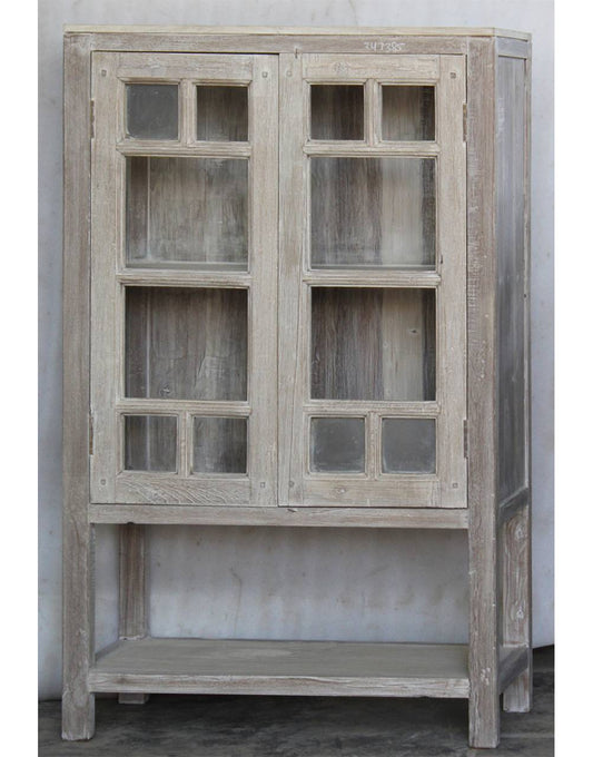 Wooden cabinet with glass panels on a white background