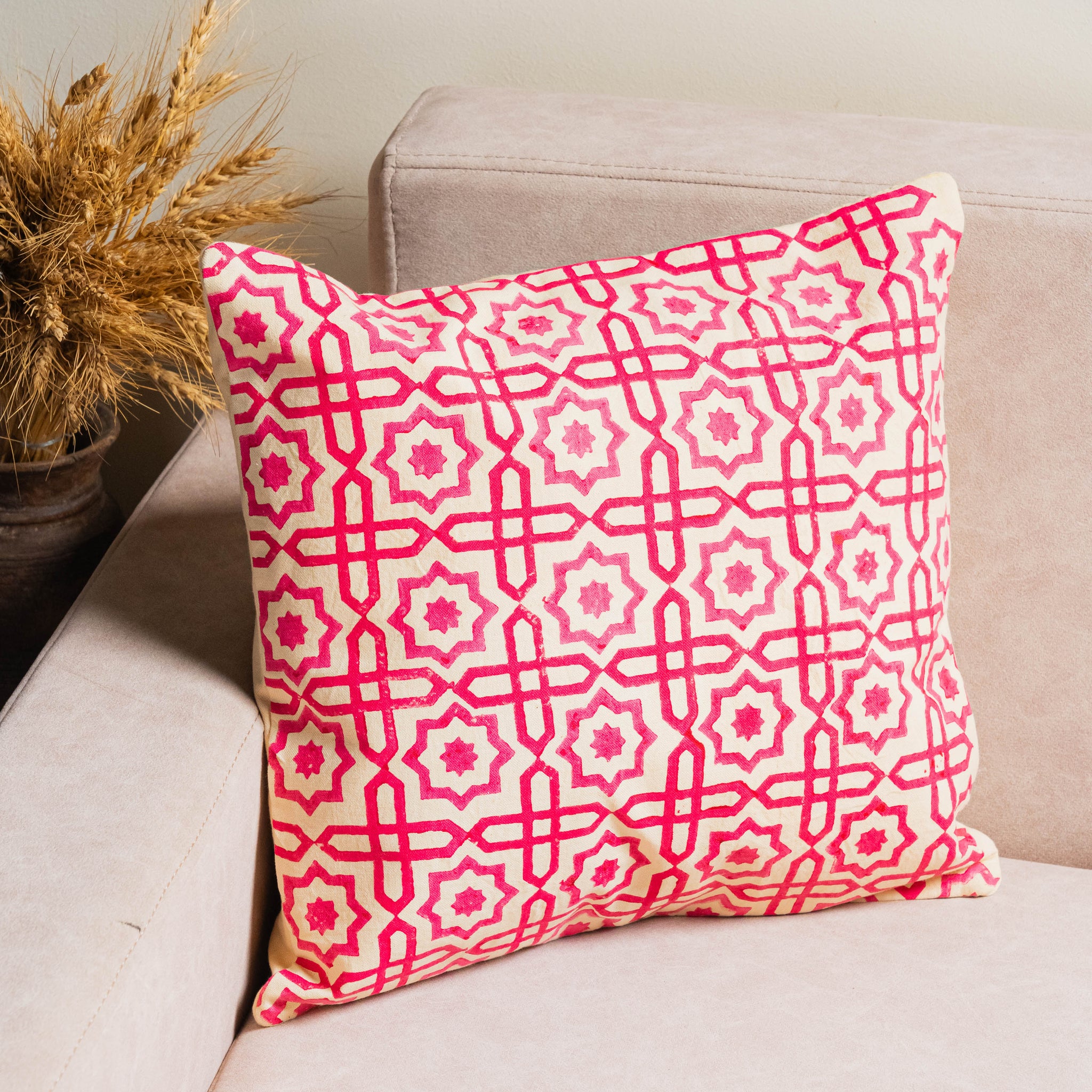 Pink and white patterned pillow on a beige couch with a plant in the background