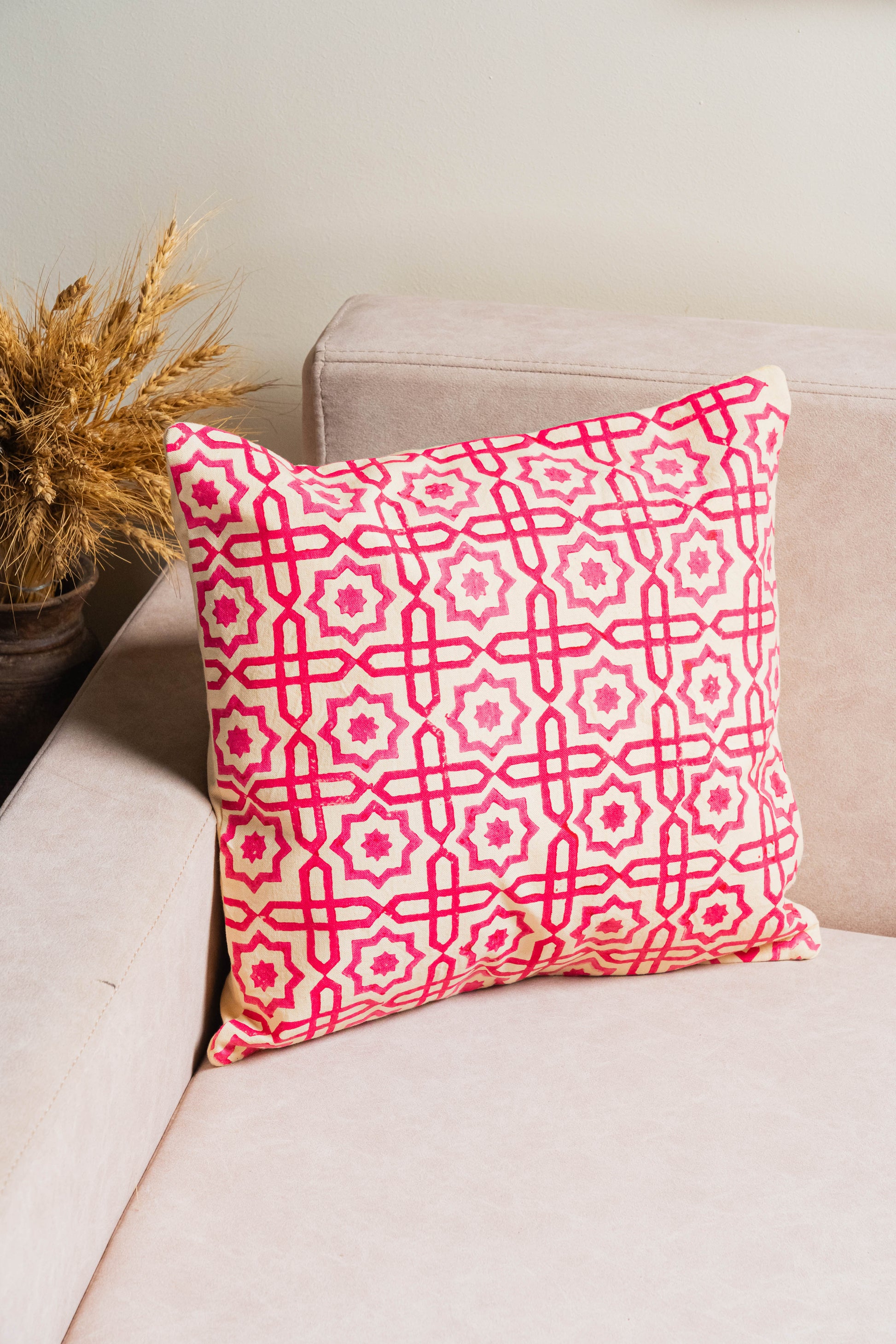 Pink and white patterned pillow on a beige couch with a plant in the background
