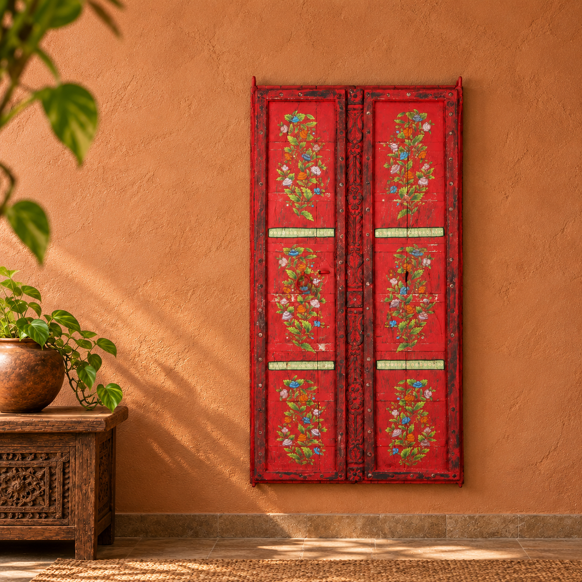 Gulnaar Heritage Door Panel is a rare collector's piece — a full-scale antique teak wood door panel adorned with warrior motifs and intricate hand-carved patterns rooted in India's rich cultural legacy.