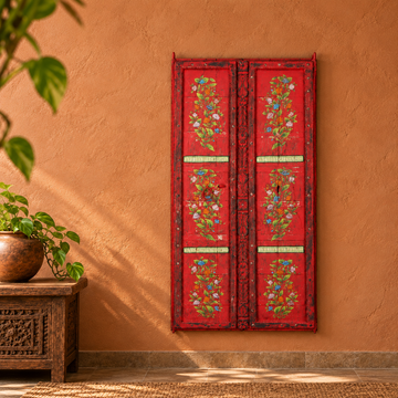 Gulnaar Heritage Door Panel is a rare collector's piece — a full-scale antique teak wood door panel adorned with warrior motifs and intricate hand-carved patterns rooted in India's rich cultural legacy.