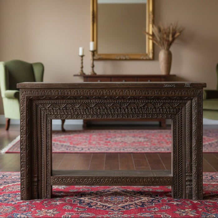 Hand-carved wooden console table with ornate traditional motifs and craftsmanship – Tesu Furniture & Seating