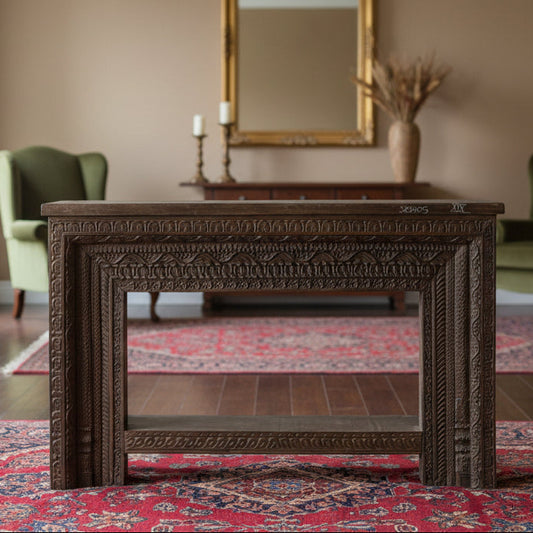 Hand-carved wooden console table with ornate traditional motifs and craftsmanship – Tesu Furniture & Seating