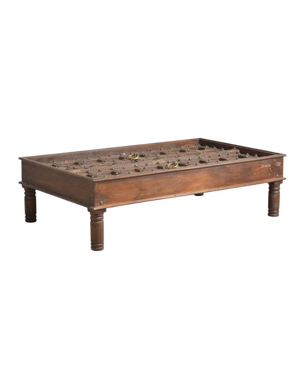 Haveli Door Coffee Table crafted from reclaimed wood, featuring an antique haveli door-inspired design with intricate hand-carved details and a rustic natural finish,