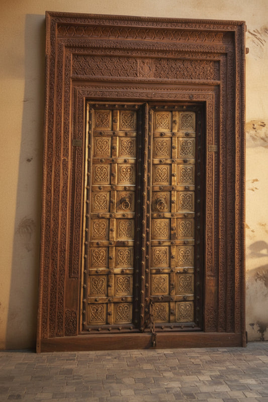 Decorative wooden door with intricate carvings on a plain wall.
