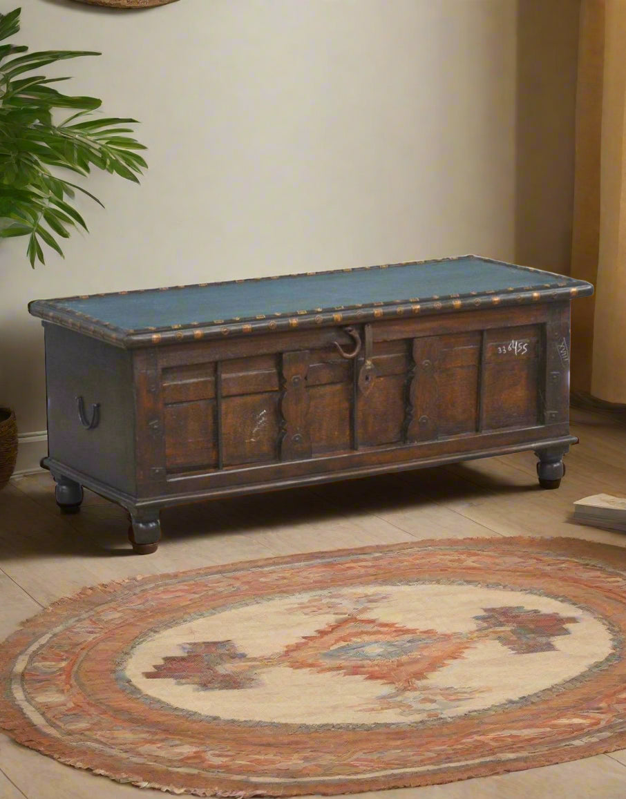 Discover timeless charm with the Heritage Iron-Latch Chest – a handcrafted teak wood storage trunk adorned with vintage iron latches. 