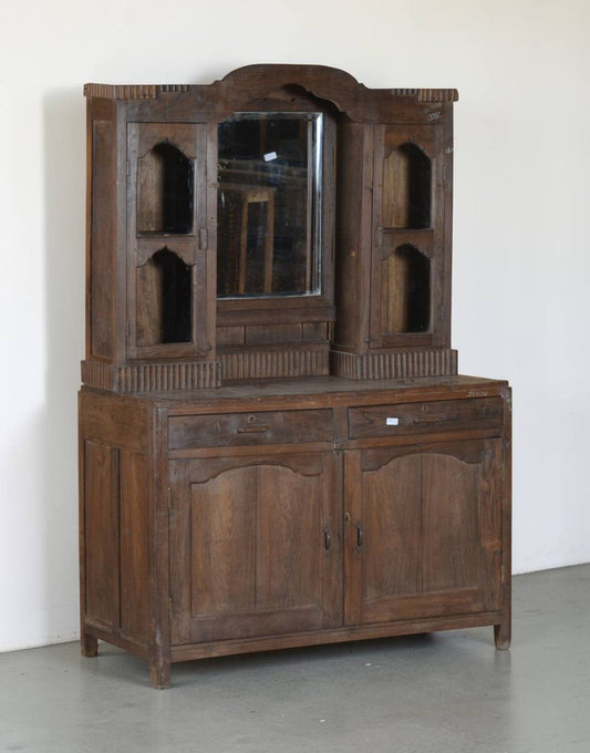 Vintage wooden cabinet with mirror on a white background