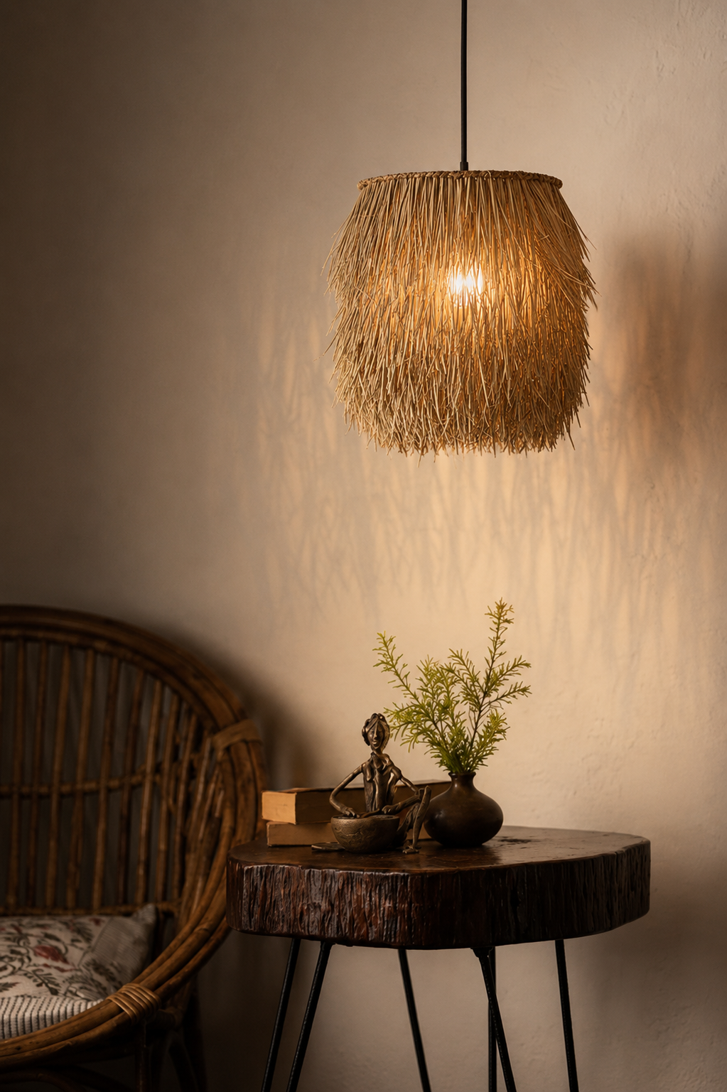 A bohemian-style woven rattan pendant light glowing warmly, hanging above a rustic wooden side table in a dimly lit room with a wicker chair partially visible.