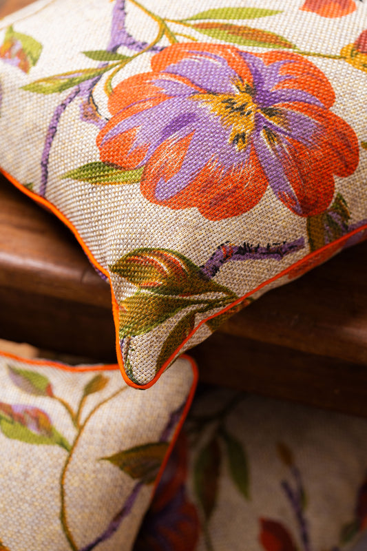 Jute Orange Floral Cushion Cover - TESU