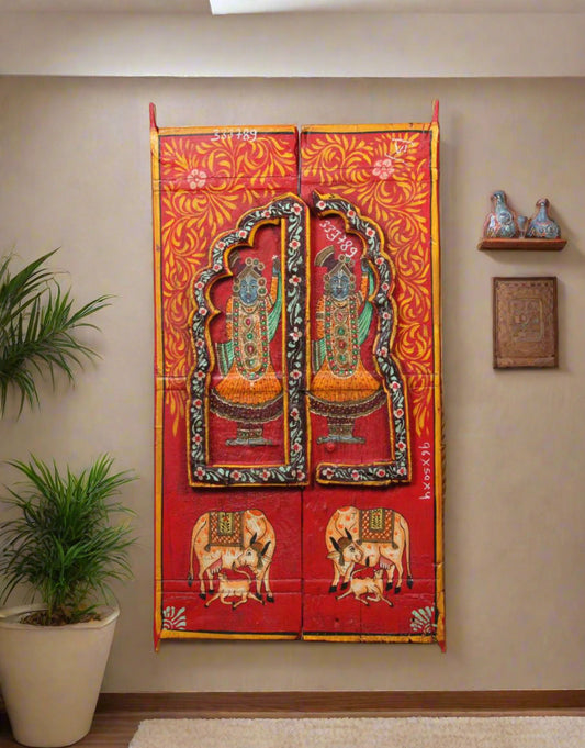 Celebrate divine grace with the Krishna Radiance Panel, a handcrafted artwork made from recycled wood and iron.