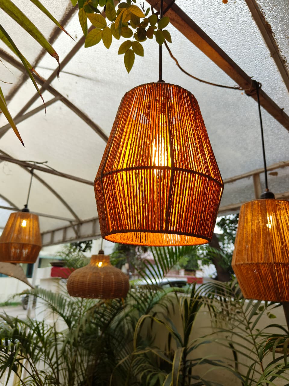 Wicker pendant lights hanging in a tropical setting with plants and a canopy.
