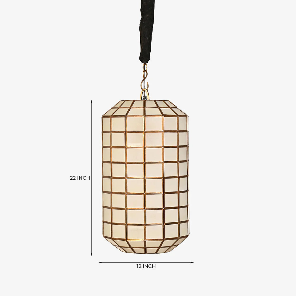Pendant light with grid design and measurement details on a white background