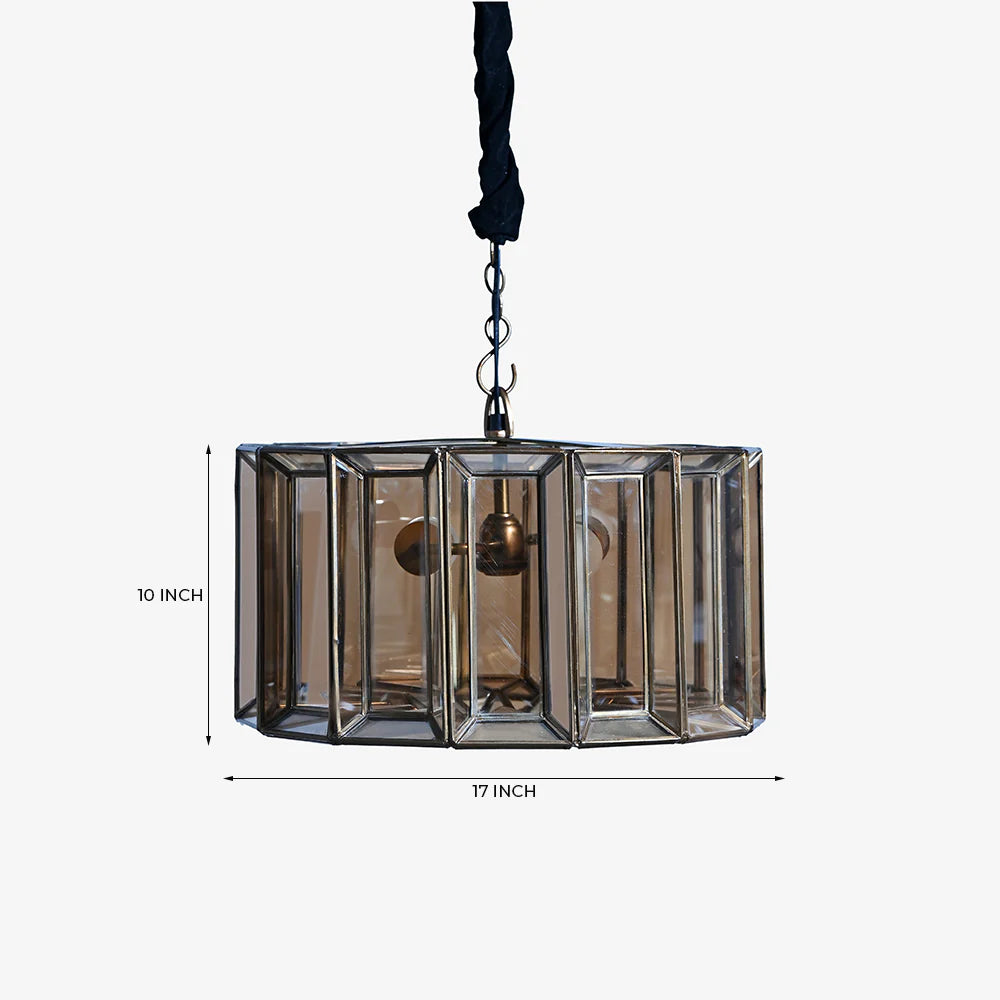Pendant light with dimensions on a white background