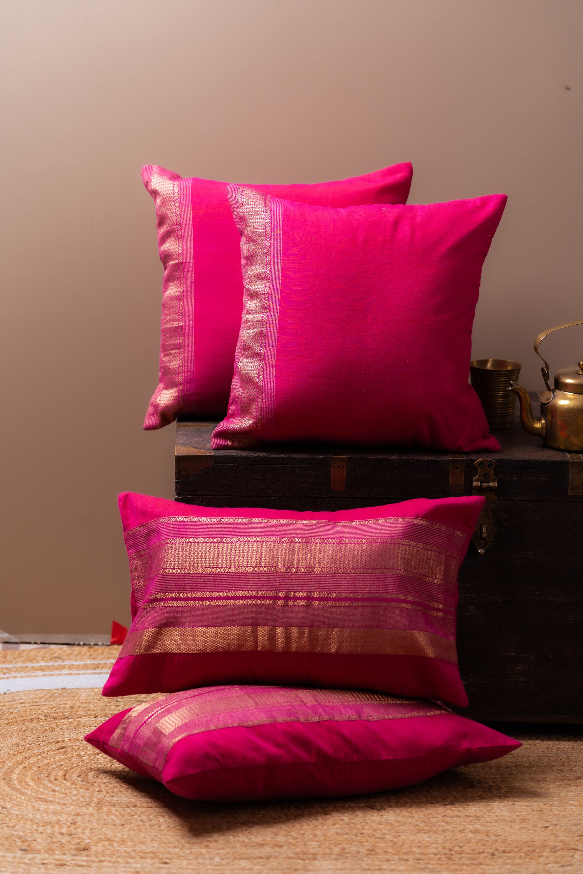 Magenta and gold lumbar cushion cover
Luxurious lumbar pillow
Sophisticated home decor
Broad border cushion cover
Rich magenta fabric
Elegant golden border
Statement piece for sofa
High-quality cushion cover
Comfortable lumbar support
Vibrant colors decor
Chic design cushion
Modern and traditional interiors
Elevate home aesthetics
Stylish accent chair cushion
Decorative lumbar pillow