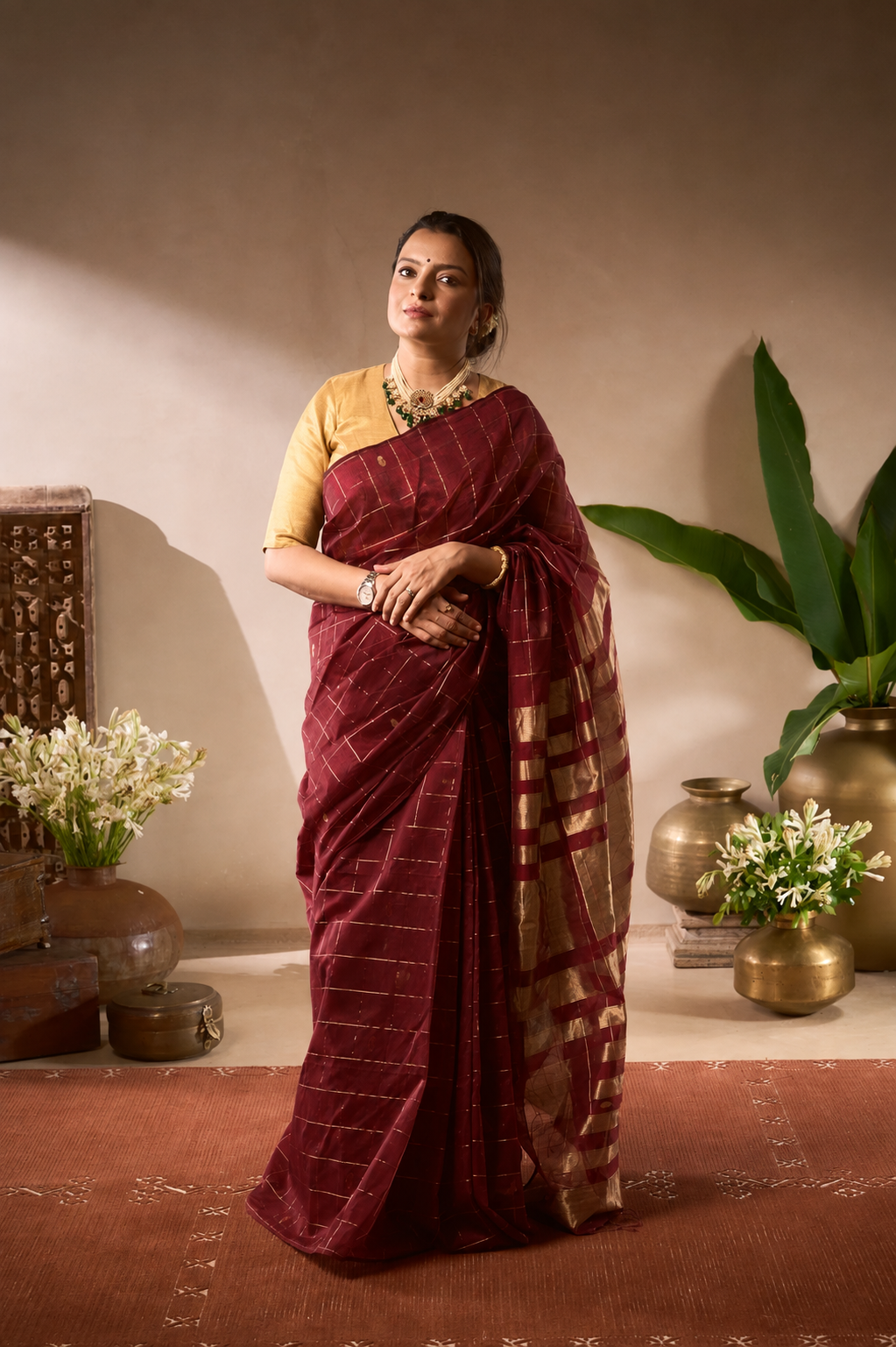 Mayuri green Maheshwari silk saree with traditional zari work – Tesu