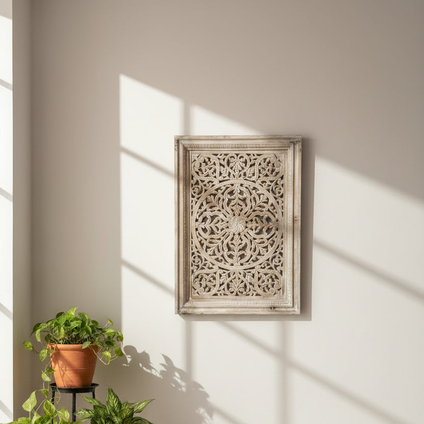 Bring timeless elegance into your space with the Mehraab Jali Panel, hand-carved from durable mango wood. 