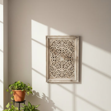 Bring timeless elegance into your space with the Mehraab Jali Panel, hand-carved from durable mango wood. 