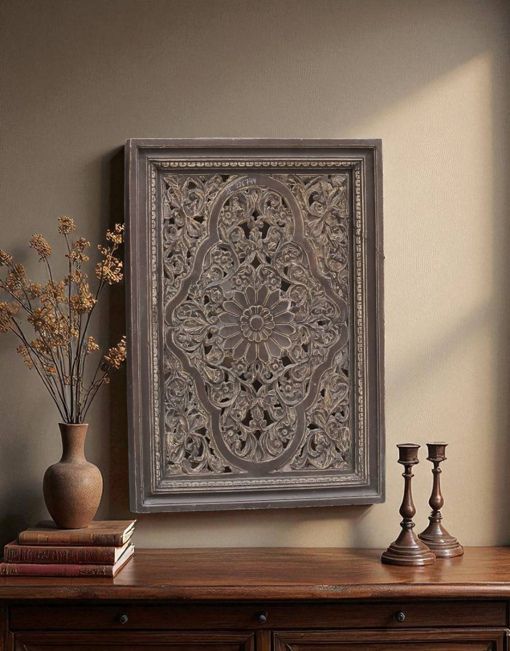 Bring timeless elegance into your space with the Mehraab Jali Panel, hand-carved from durable mango wood. 