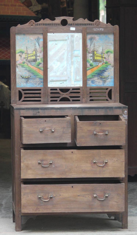 The vibrant painted panels beside the central mirror evoke scenic artistry, while the spacious drawers below offer practical organization for everyday essentials.