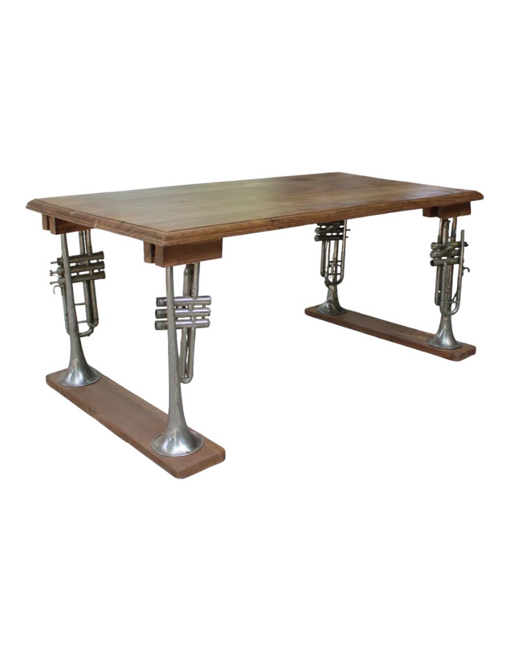 A unique wooden writing desk with legs crafted from trumpet valves, set against a plain white background.