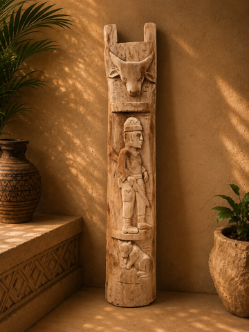A tall, narrow hand-carved wooden wall sculpture with a bull head at the top and carved human and animal figures, displayed against a warm stucco wall with potted plants nearby.