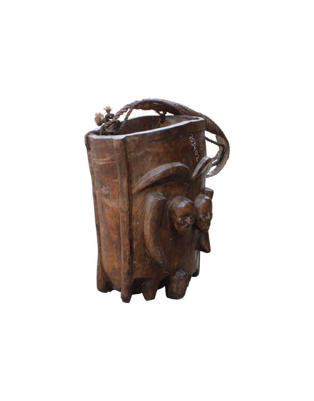 Wooden bucket with handles and carvings on a white background