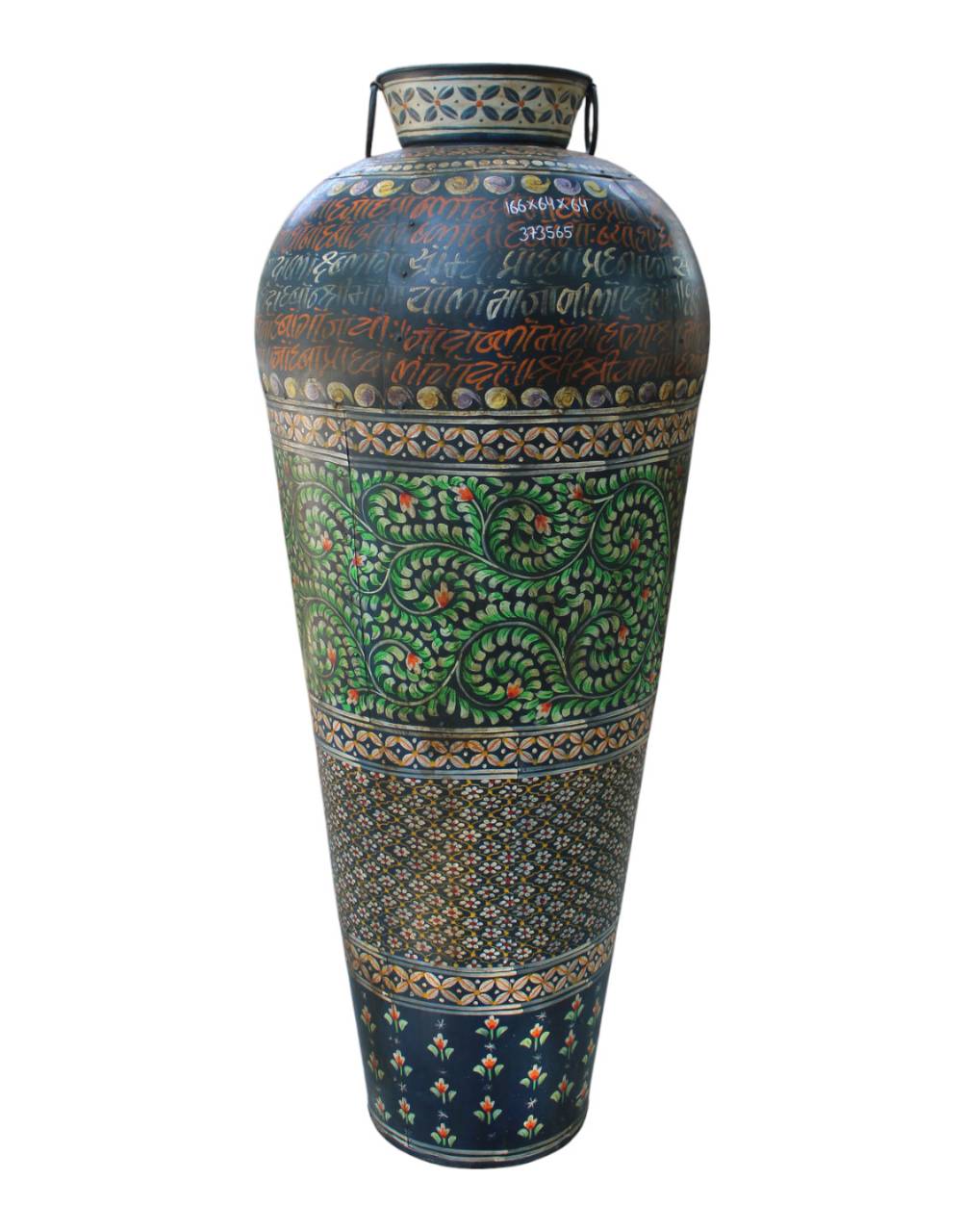 The Neel Kanchan Iron Pot in an entryway, living room, or covered veranda with dried branches, pampas grass, or leave it unfilled to let its intricate painted detailing take center stage.