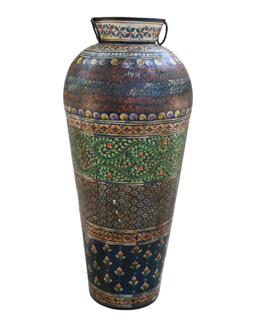 The Neel Kanchan Iron Pot showcases meticulous decorative artistry through carefully painted patterns that wrap seamlessly around its sculptural form.