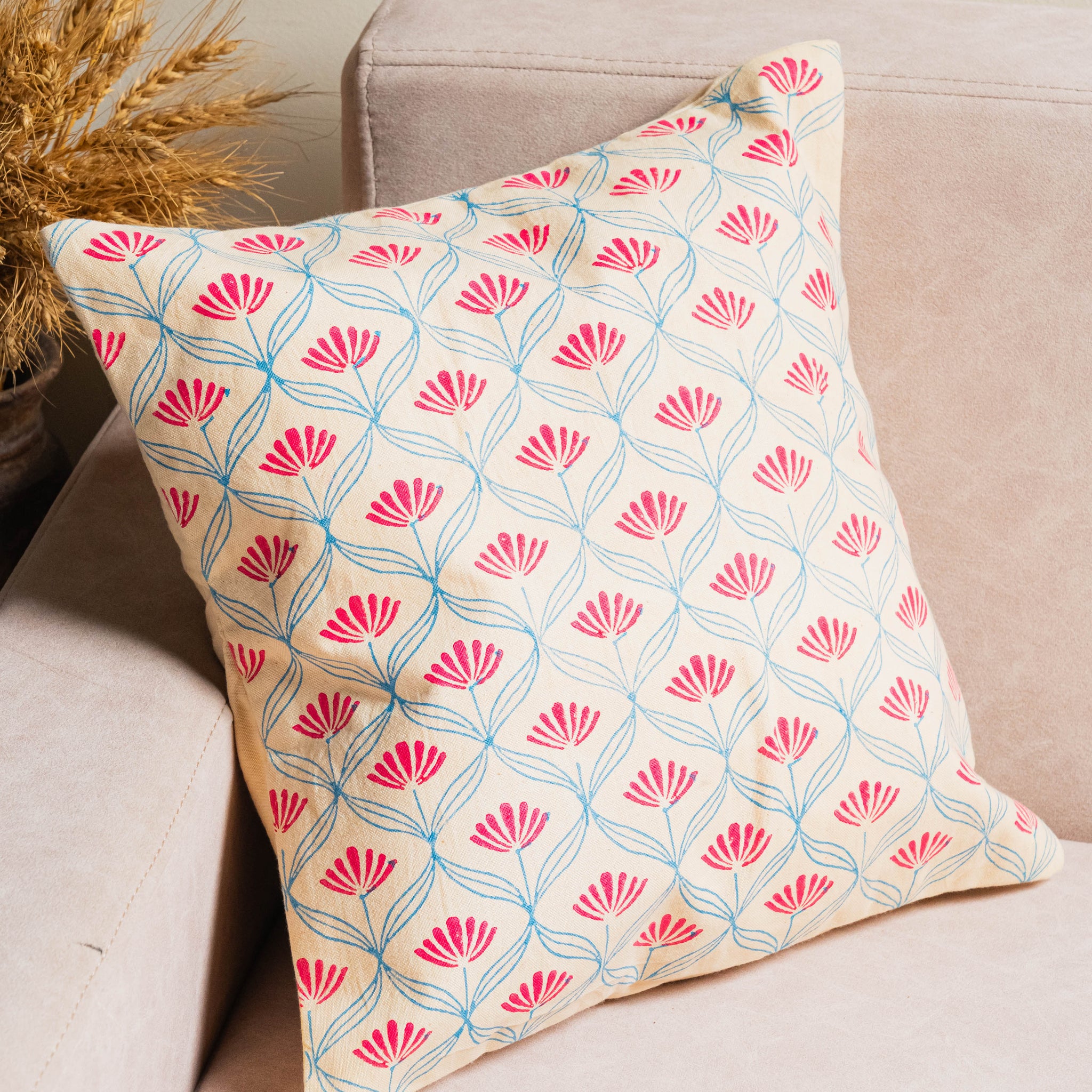 Handcrafted cotton cushion covers – floral, striped, geometric, and cow motif designs – perfect for modern and ethnic home decor.