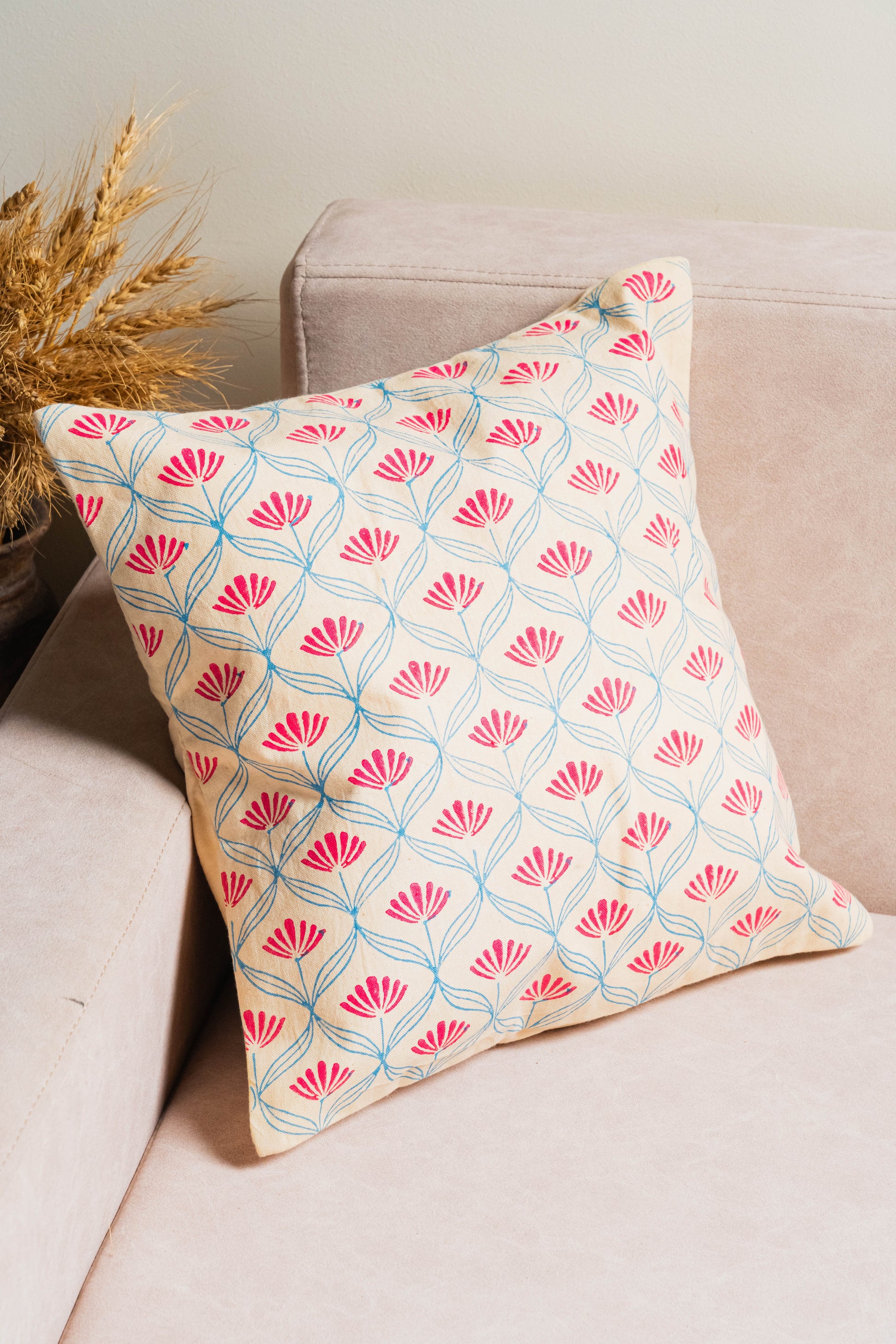 Handcrafted cotton cushion covers – floral, striped, geometric, and cow motif designs – perfect for modern and ethnic home decor.