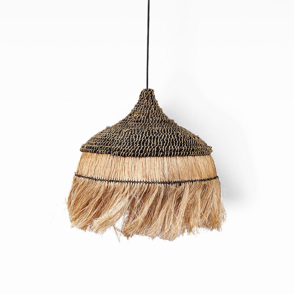 Pendant light with braided design on a white background